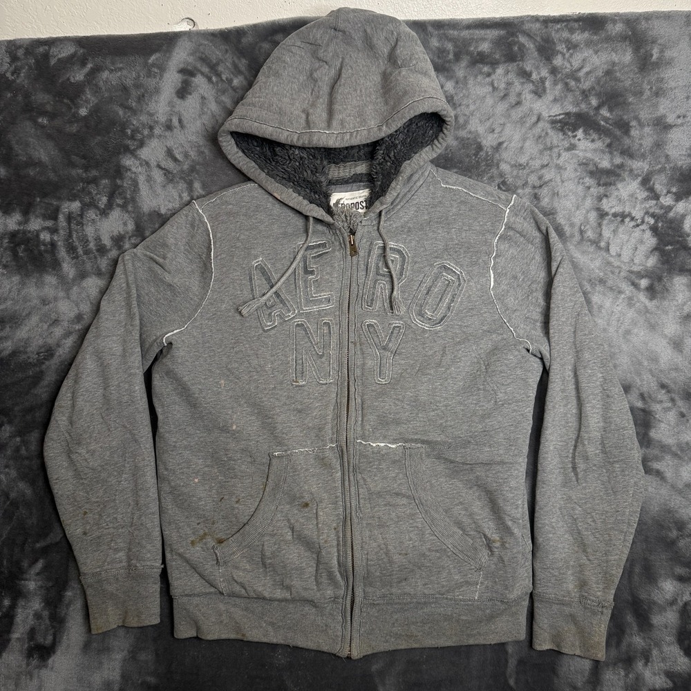 Vintage Y2k Aeropostale Full Zip Long Sleeve Fur Lined Grey Hoodie Size Medium